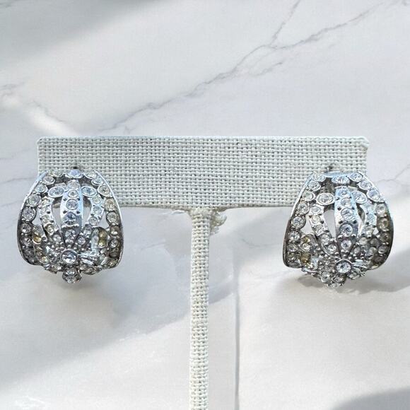 Vintage KJL Kenneth Jay Lane Rhinestone Post Earrings Silver Tone Crown Dome - Picture 1 of 4